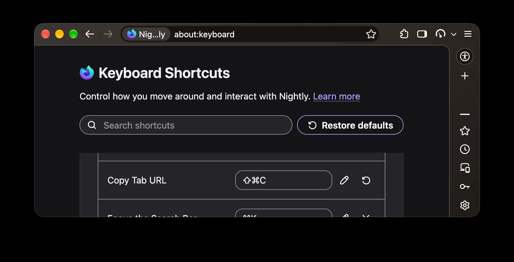 A screenshot of Firefox Nightly, with the `about:keyboard` page loaded. The page lists keyboard shortcuts, and `Copy Tab URL` is present and bound to Cmd+Shift+C.