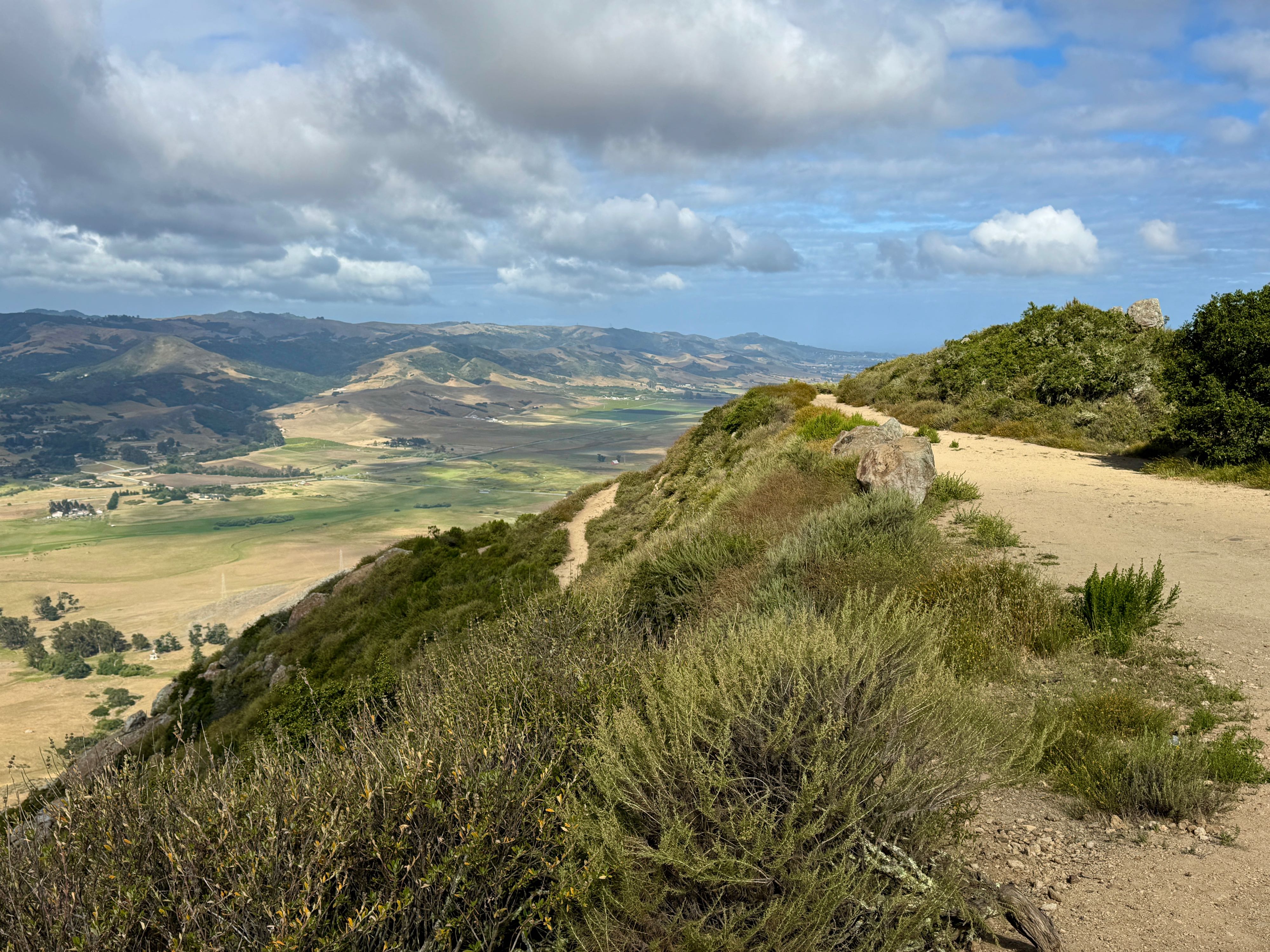 View from the top of Cerro San Luis mountain in San Luis Obispo, California. The trail up the mountain is in the foreground and part way down the mountain. Dark green vegetation covers the side of the mountain. Down below we see a valley that is a patchwork of green, gold, sun and shadows, giving a strong spatial and atmospheric look. Across the valley are more mountains, The sky is patchy clouds and clear blue.